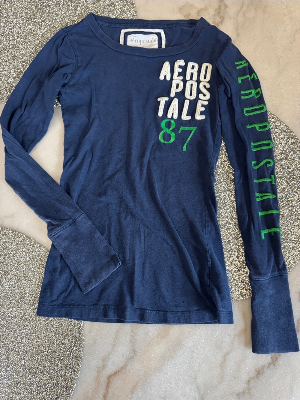 Aeropostale Navy Long Sleeve Tee with Green Logo